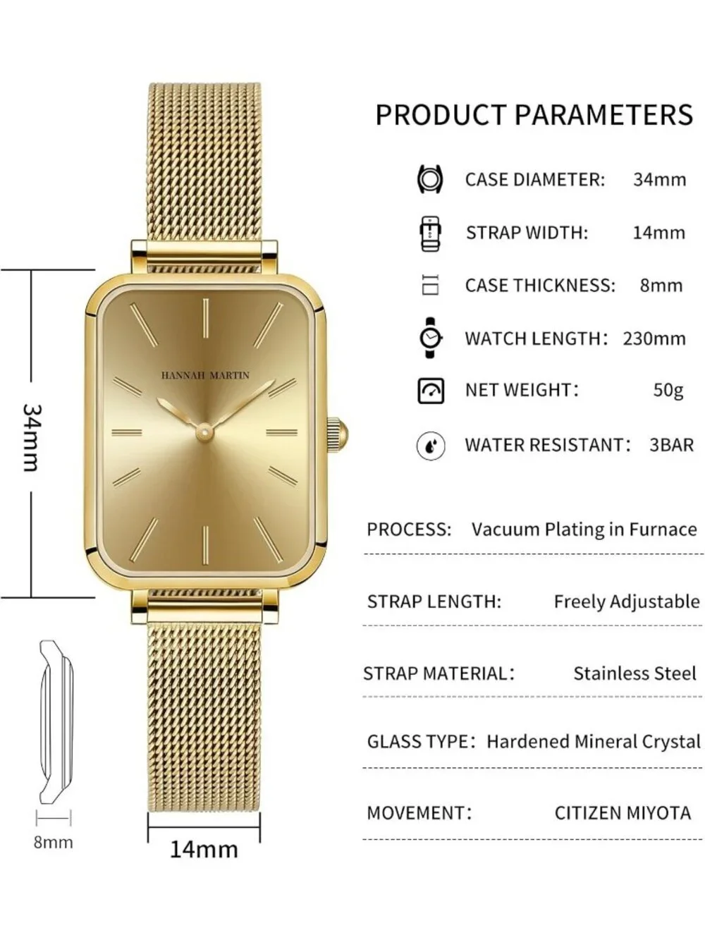 Women's All Gold Analog Quartz Stainless Steel Vintage Rectangular Luxury Watch